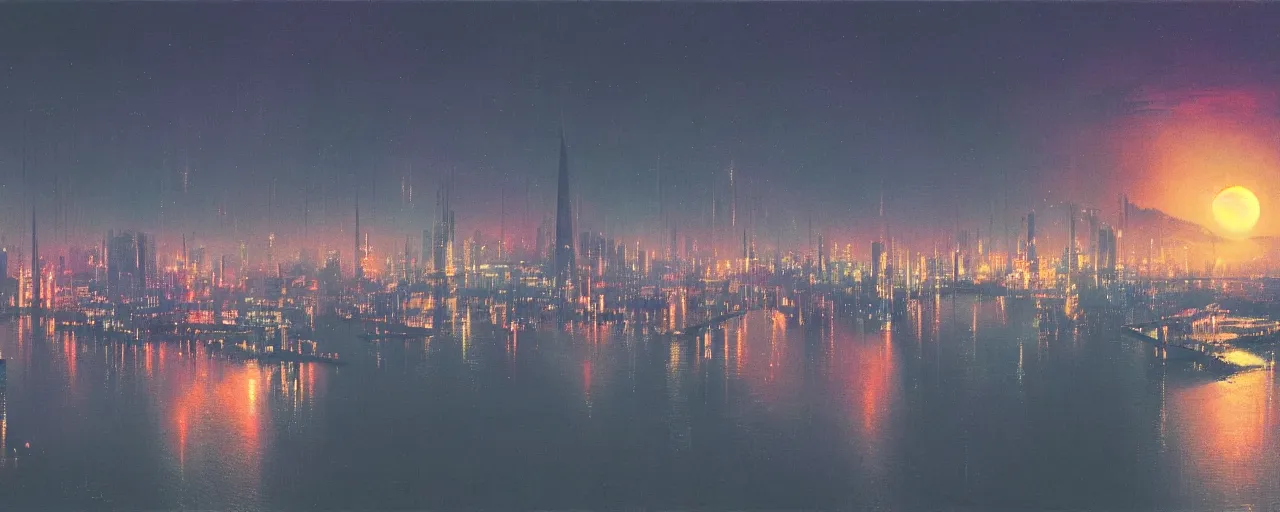 Image similar to awe inspiring bruce pennington cityscape, digital art painting of 1 9 6 0 s, japan at night, 4 k, matte