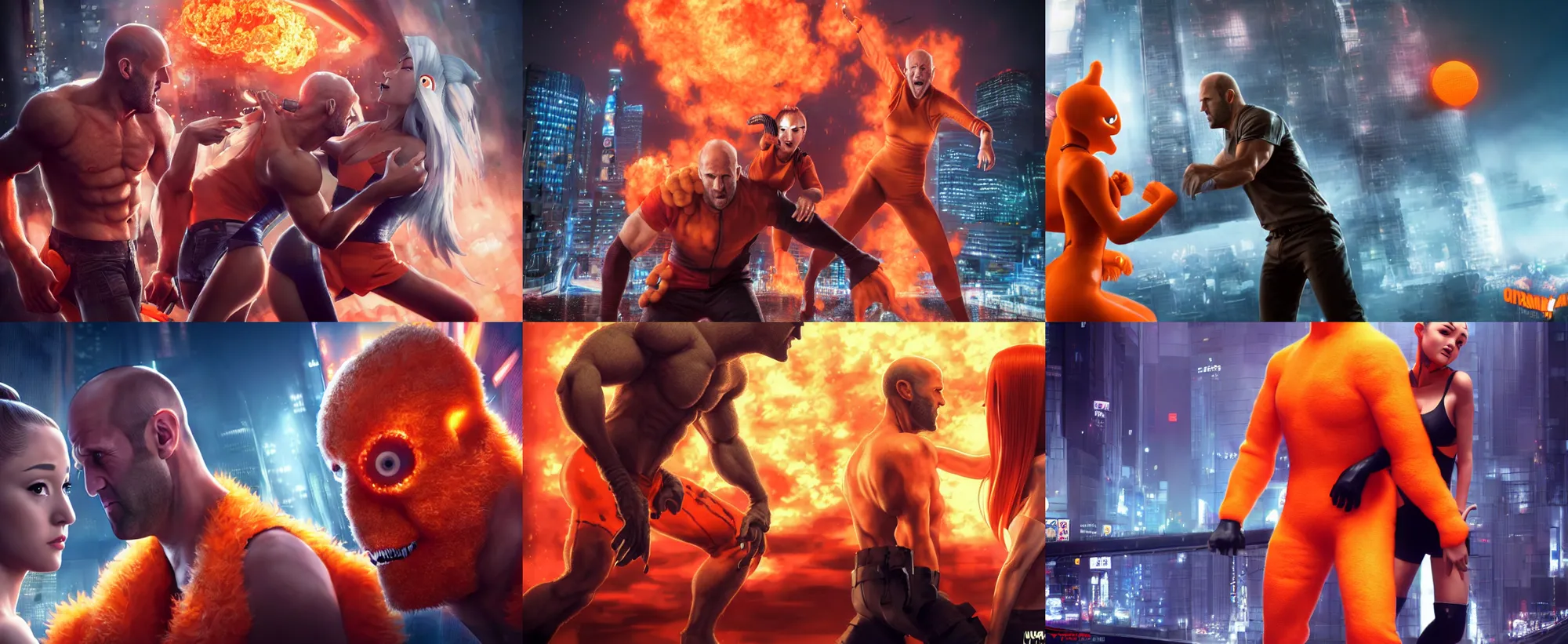 Prompt: ultrarealistic jason statham vs giant ariana grande wearing orange monster chicken suit in tokyo by yusuke murata, octane render, character concept art, movie action still frame, cinematic lighting, volumetric lighting, extreme intricate details, artstation, dnd art, cgsociety, sharp focus, ultra wide angle, digital painting by artgerm, gerald brom, wlop
