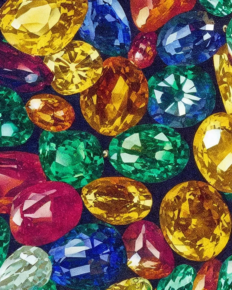 Prompt: “extreme close up print of multi-colored gemstones by Raphael, Hopper, and Rene Magritte.”