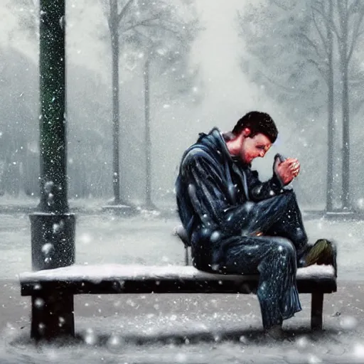 Image similar to young man crying on a park bench alone under falling snowflakes, trending on artstation
