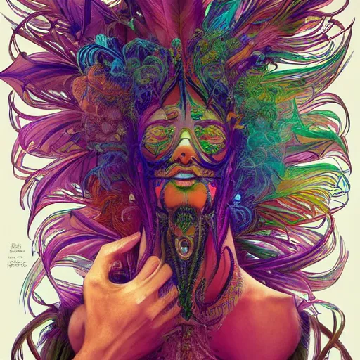 Prompt: A reality bending psychedelic ayahuasca experience, colorful, distorted, surreal, tropical bird feathers, dramatic lighting on the face, intricate, elegant, highly detailed, digital painting, concept art, smooth, sharp focus, illustration, art by Krenz Cushart and Wayne Barlowe and alphonse mucha