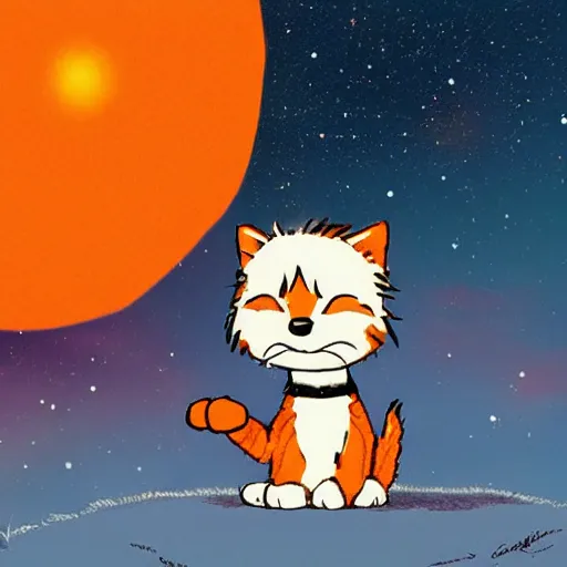 Image similar to A fuzzy orange cat sitting on planet earth, space with stars in the background, trending on artstation, 3D animation, in the style of Calvin And Hobbes