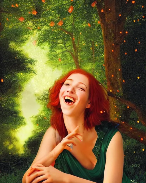 Image similar to a happy young woman, admiring the lights of golden fireflies, sitting in the midst of nature with a wonderful dress, long loose red hair, bright green eyes, small nose with freckles, triangle shape face, smiling, romantic scene, golden ratio, high contrast, photo realistic digital art by caravaggio and artgerm.