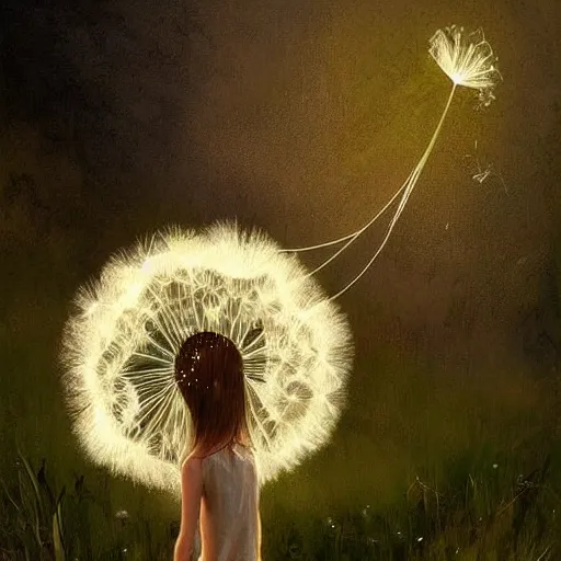 Image similar to a beautiful fairytale painting of a dandelion seed that is also a fairy. dreamy beautiful painting by greg rutkowski