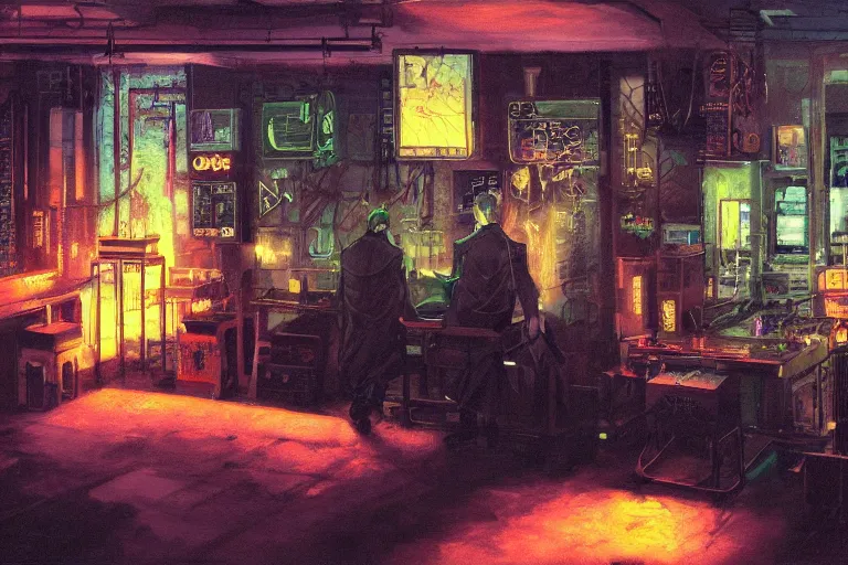 Image similar to Oil painting of cyberpunk funeral home interior, coffin laying in the middle, 4k, art by Hans Rudolf Geiger and Shirow Masamune, still from anime Serial Experiments Lain, sad atmosphere, moody neon lighting, lots of cigarette smoke