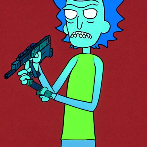 Image similar to portrait of alien rick holding a cybernetic rifle, rick and morty forever and forever a hundred years! g