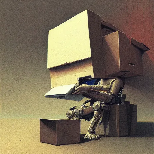 Image similar to A cyborg holding a cardboard box full of desk items at a desk by Beksinski, Greg Rutkowski