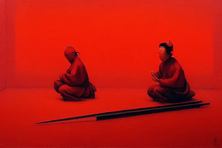 Image similar to only with red, a red samurai do seppuku, tokio, a lot of frogs watch, in the style of beksinski, parts by edward hopper, parts by rodcenko, parts by yue minjun, intricate and epic composition, red by caravaggio, insanely quality, highly detailed, masterpiece, red light, artstation, 4 k