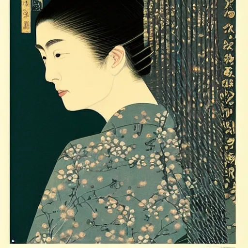 Image similar to “ rosamund pike portrait by ikenaga yasunari and ayana otake and ko rakusui, 6 0 s poster, drawing, realistic, sharp focus, japanese, dreamy, nostalgia, faded, golden hues, floral clothes ”