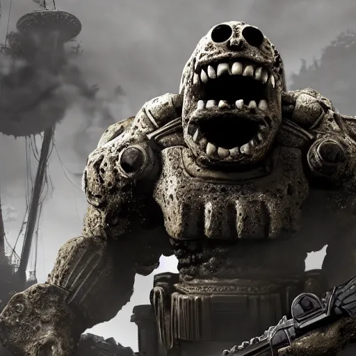 Image similar to evil large spongebob monster in gears of war, splash art, movie still, detailed face, photorealistic facial features, cinematic lighting, dramatic, octane render, long lens, shallow depth of field, bokeh, anamorphic lens flare, 8 k, hyper detailed, 3 5 mm film grain