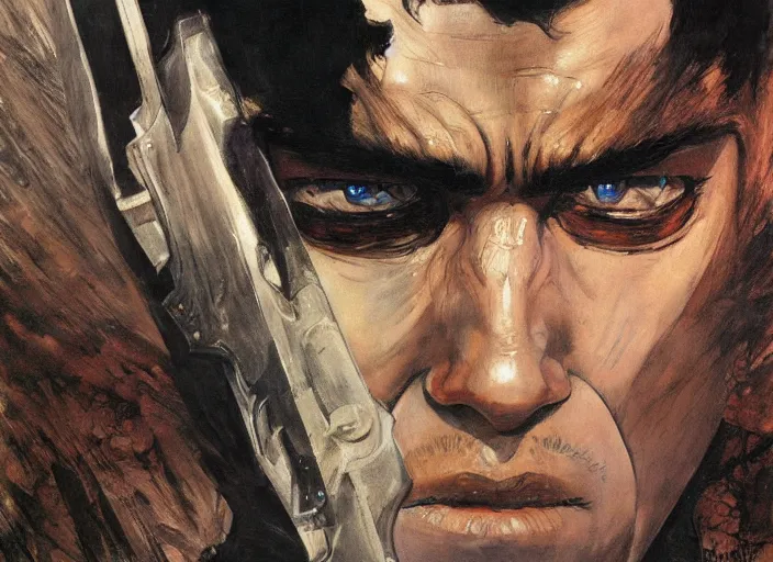 Prompt: a highly detailed beautiful portrait of guts from berserk, by gregory manchess, james gurney, james jean