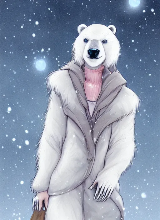 Image similar to award winning beautiful portrait commission art of a female furry anthro polar bear fursona with a cute beautiful attractive detailed furry face wearing cute stylish winter clothes at a comfy winter cabin at dusk by firelight. Character design by charlie bowater, ross tran, artgerm, and makoto shinkai, detailed, inked, western comic book art