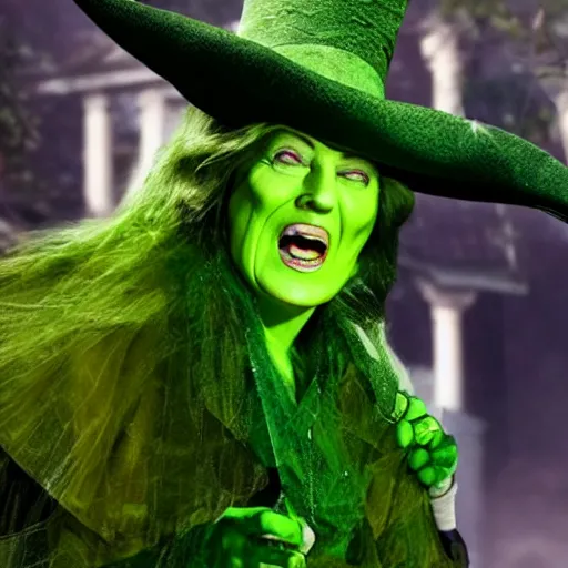 Image similar to trump in the style of wicked witch of the west with green skin, high quality movie still