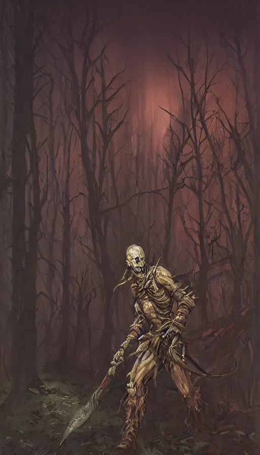 Image similar to painting of undead wight warrior, forest and cabin, muted colors, night scene, by brom