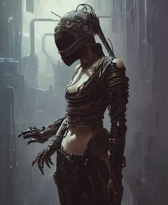 Prompt: portrait of a cyberpunk masked warrior, half body, d & d, fantasy, intricate, elegant, highly detailed, digital painting, artstation, concept art, art by artgerm and greg rutkowski and alphonse mucha