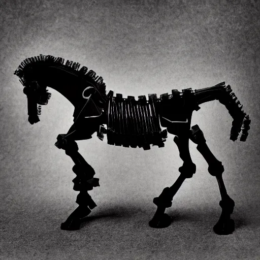 Image similar to a dark skeleton horse, fully skeletal horse, death