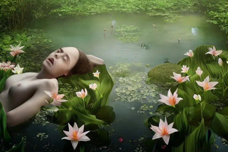 Prompt: hyperrealistic cinematic 3 d portrait of a woman's head and shoulders floating in a pond, surrounded by a forrest of lillies, deep focus, intricate, elegant, highly detailed, matte, sharp focus, by bill henson and gregory crewdson and james jean