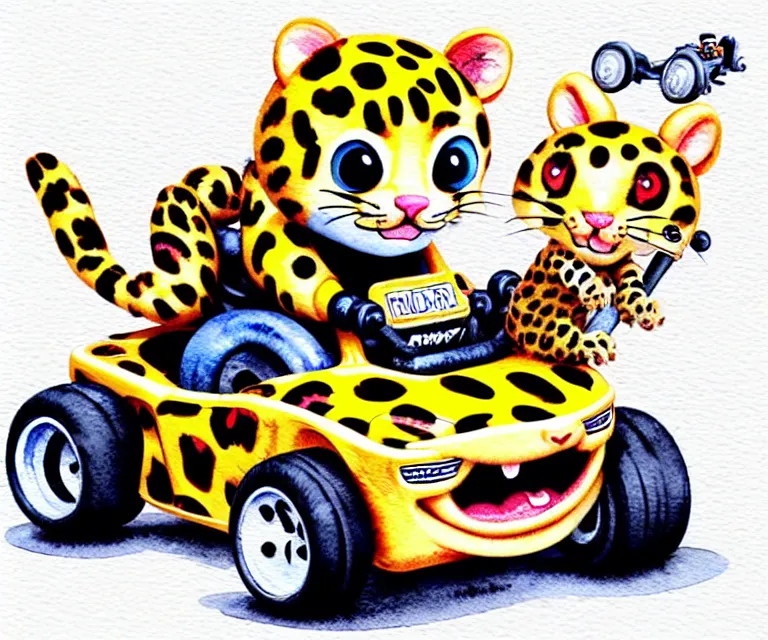 Image similar to cute and funny, baby leopard riding in a tiny go kart with oversized engine, ratfink style by ed roth, centered award winning watercolor pen illustration, isometric illustration by chihiro iwasaki, edited by range murata, tiny details by artgerm and watercolor girl, symmetrically isometrically centered