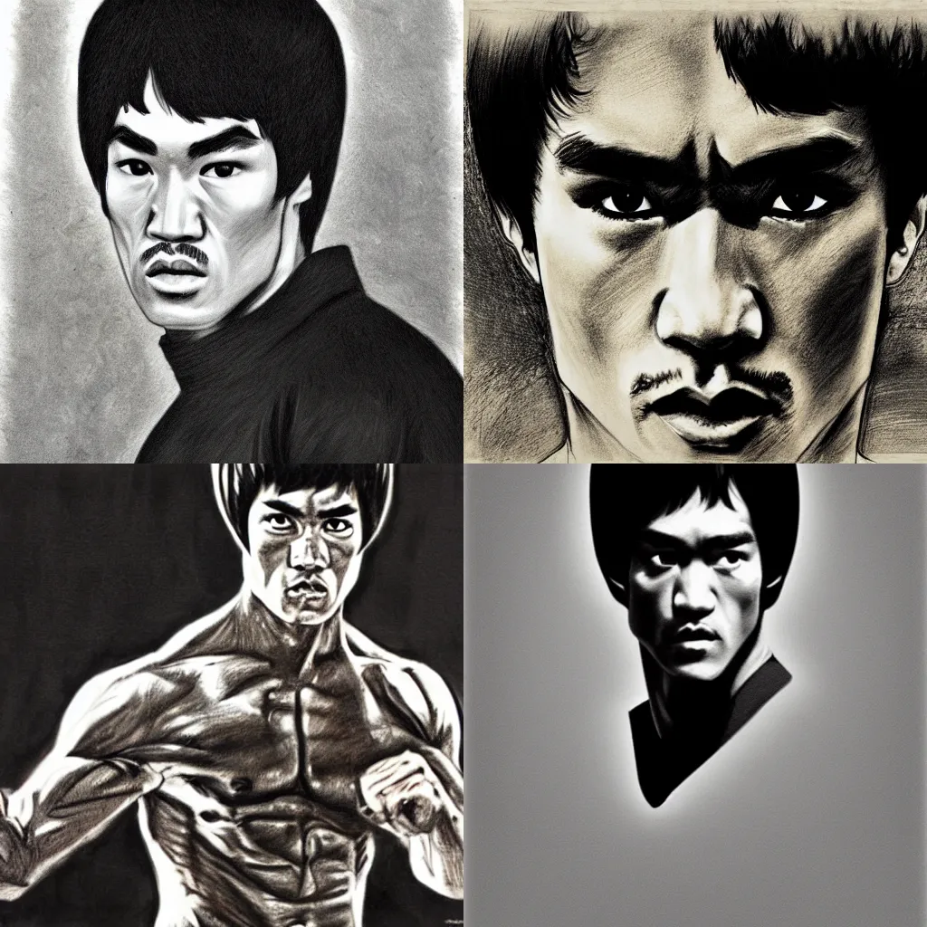 Prompt: A photorealistic portrait of a BRUCE LEE, sketched, ancient background