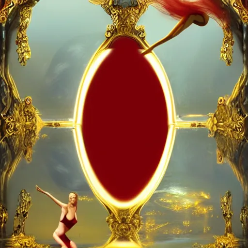 Prompt: Cara Delevigne with beautiful face and full body laying in a blood red pool of water between a bright golden glowing mirror frame, outside is space and inside the mirror frame is a beautiful landscape. Hyperrealistic surreal 4K IMAX Rene Margritte intricate, elegant, highly detailed, digital painting, artstation, concept art, smooth, sharp focus, illustration, art by artgerm, Francis bacon, HR Giger and greg rutkowski and alphonse mucha wide shot