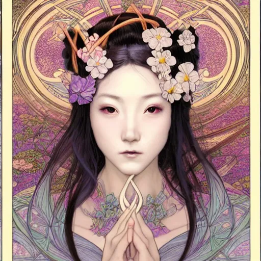 Prompt: face portrait of a japanese beautiful mysterious fairy with flowery tall headgear, without hands, by eve ventrue, artgerm, thomas kinkade, hayao miyazaki. art nouveau. tarot card by mucha. gloomhaven. swirly intricate linework background. gaudy colors, sharp edges. octane render