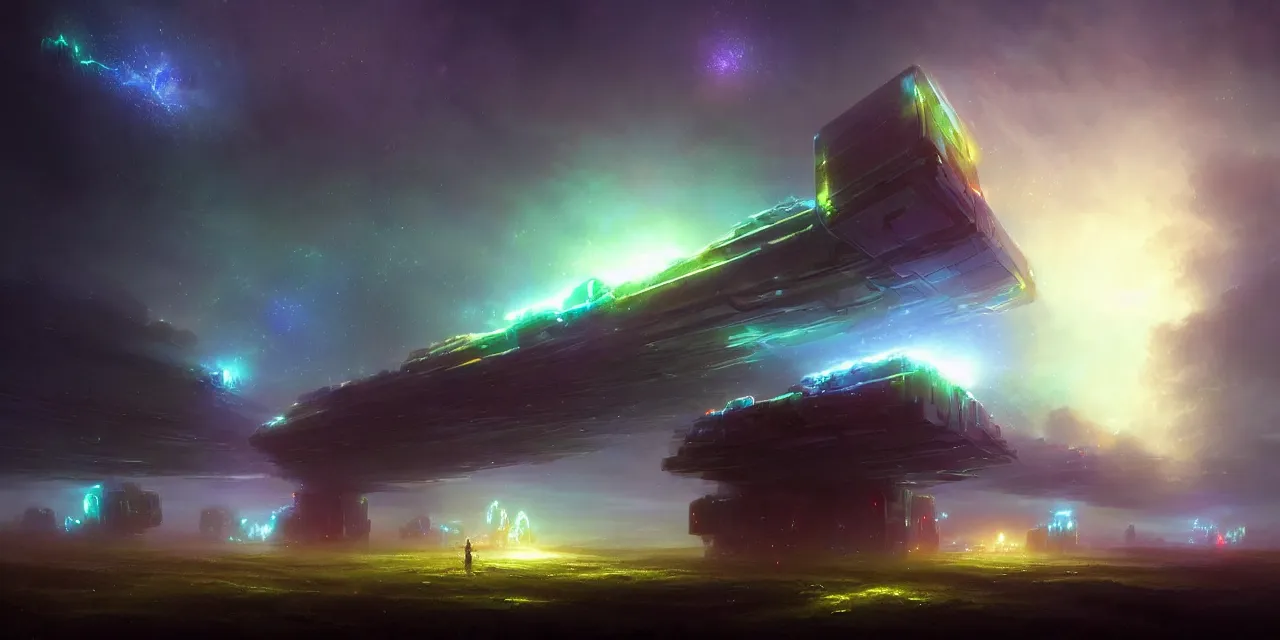 Image similar to a fleet of giant glowing futuristic cubes tied to each other with lots of thick messy wires in the sky, a fantasy magical landscape seen in the distance, atmospheric lighting, intricate, volumetric lighting, beautiful, sharp focus, ultra detailed, in the art style of marc simonetti, bowater charlie and brom gerald, astrophotography