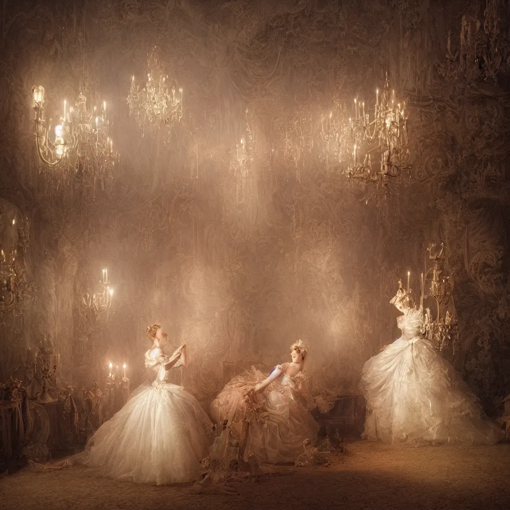 Prompt: cinderella, palace dance, victorian era, dreamy, romantic, night lighting, highly detailed, fashion editorial by jean - honore fragonard, 8 k