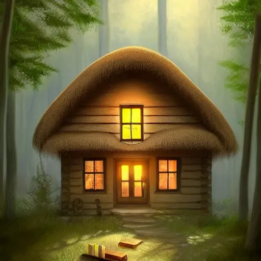 Prompt: a cottage in the woods with a giant notepad door, trending on artstation, detailed digital art, aesthetic!!!!,