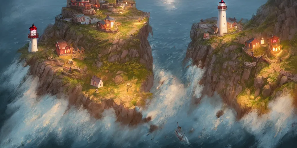 Prompt: Cozy small fantasy village on a cape with a lighthouse, fishing boats, view from above. In style of Greg Rutkowski, Jesper Ejsing, Makoto Shinkai, trending on ArtStation, fantasy, great composition, concept art, highly detailed, scenery, 8K, Behance.