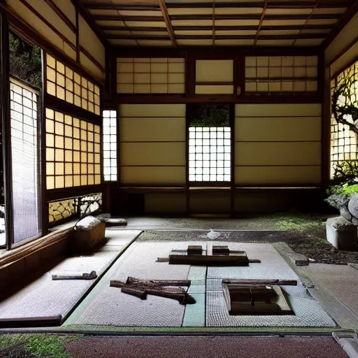 Prompt: photo of an old abandoned Japanese temple