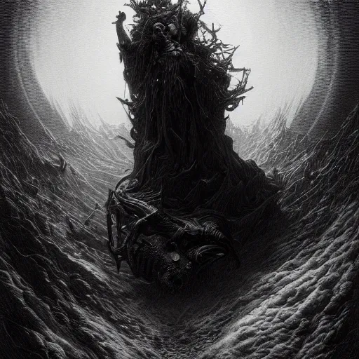 Image similar to Dark art, grungy, hyperdetailed, artstation, trending on cgsociety, ultra high quality, golden ratio, intricate artwork masterpiece, black and white, by greg rutkowski, by Gustave Dore, 8k, High contrast