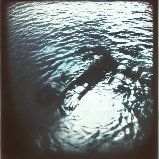 Prompt: slipknot, dark, murky water, underwater, old polaroid, expired film,