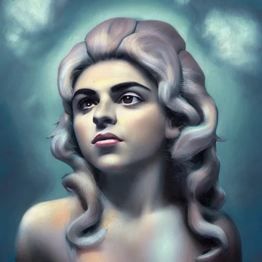 Prompt: a face portrait of electra heart as statue of david, fantasy setting, stone face, dim colors, soft lighting, atmospheric, cinematic, moody, in the style of diego koi, gina heyer, luiz escanuela, art by alyssa monk, hyperrealism, rule of thirds, golden ratio, oil on canvas