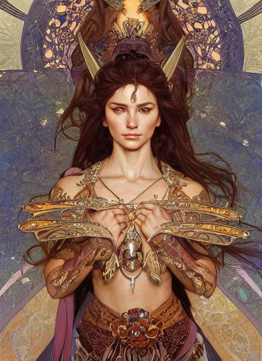Image similar to Sanna Marin as a beautiful warrior woman, fantasy, intricate, elegant, highly detailed, centered, digital painting, artstation, concept art, smooth, sharp focus, illustration, art by artgerm and donato giancola and alphonse mucha