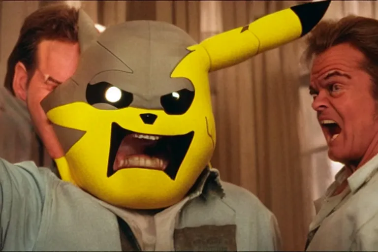 Image similar to Jack Nicholson plays Pikachu Terminator, his inner endoskeleton is exposed, still from the film