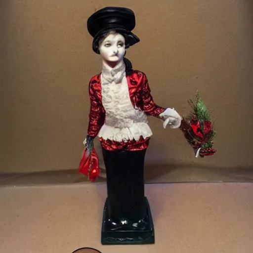 Image similar to Margaret Le Van Alley Cat fashion statuette, wearing festive clothing, full body render, museum quality photo