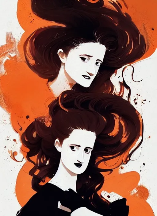 Image similar to highly detailed closeup portrait of beautiful grace gummer as dom dipierro, wavy ginger hair, black dress, by atey ghailan, by greg rutkowski, by greg tocchini, by james gilleard, by joe fenton, by kaethe butcher, gradient orange, black and white color scheme, grunge aesthetic!!! ( ( graffiti tag wall background ) )