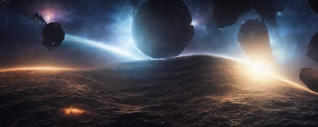 Prompt: movie still, thin galactic horizon, a dark epic galaxy, space scene, dark scifi, unreal engine, octane render, detailed and intricate, global illumination, volumetric lighting, hubble telescope images, james webb telescope images, houdini fluid simulation, detailed and intricate environment