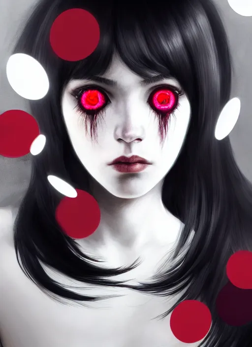 Image similar to portrait of teenage girl, red irises, red eyes, black hair, black and white hair, white bangs, purple clothes, white bangs, bangs, black hair and white bangs, intricate, elegant, glowing lights, highly detailed, digital painting, artstation, concept art, smooth, sharp focus, illustration, art by wlop, mars ravelo and greg rutkowski