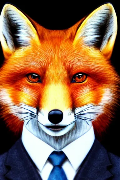 Prompt: a realistic portrait of an anthropomorphic red fox wearing a suit looking into the camera, realistic, portrait, white background, very coherent symmetrical artwork, Cinematic, high detail 8k