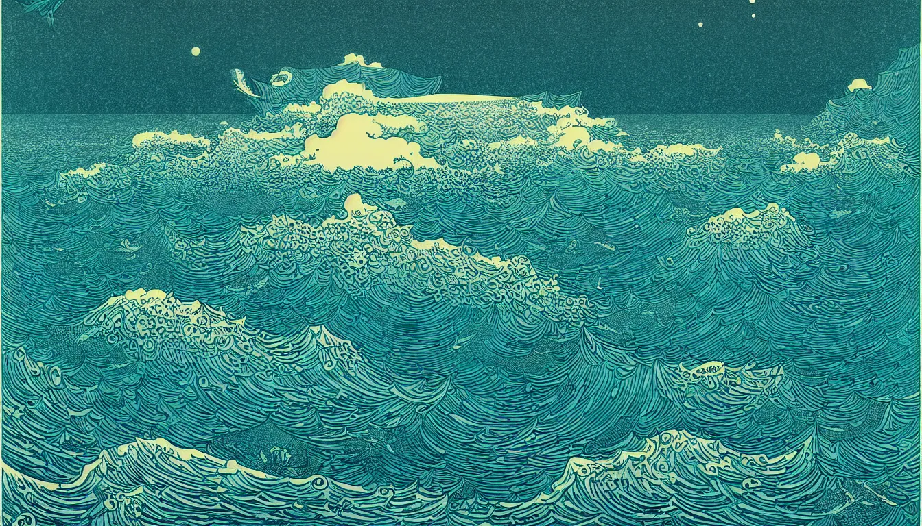 Image similar to ocean horizon by woodblock print, nicolas delort, moebius, victo ngai, josan gonzalez, kilian eng