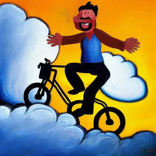 Image similar to A whimsical painting of a happy man flying in the sky on his bicycle in the clouds, expressive oil painting, digital art