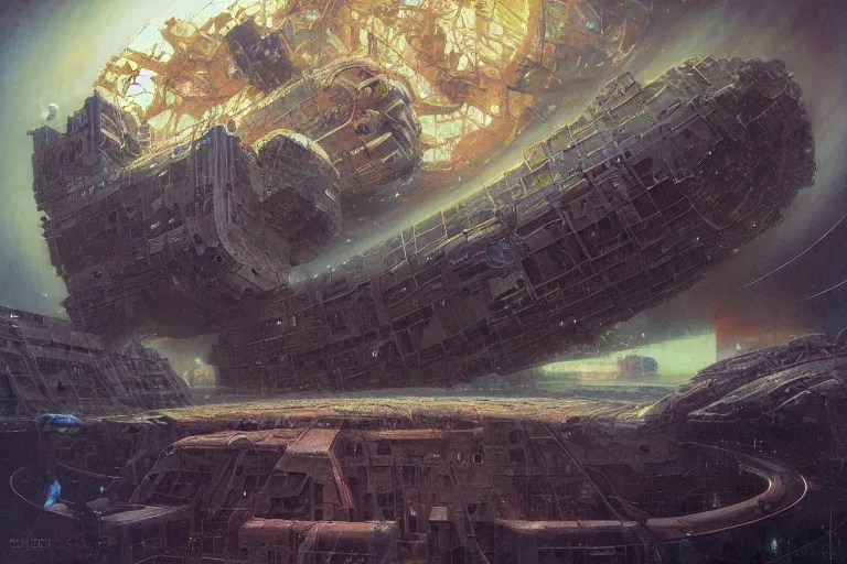 Image similar to supernova, surrealist neo brutalism buildings in space, elephantine extraterrestrial space station, painted by ruan jia, raymond swanland, lawrence alma tadema, zdzislaw beksinski, norman rockwell, jack kirby, tom lovell, alex malveda, greg staples