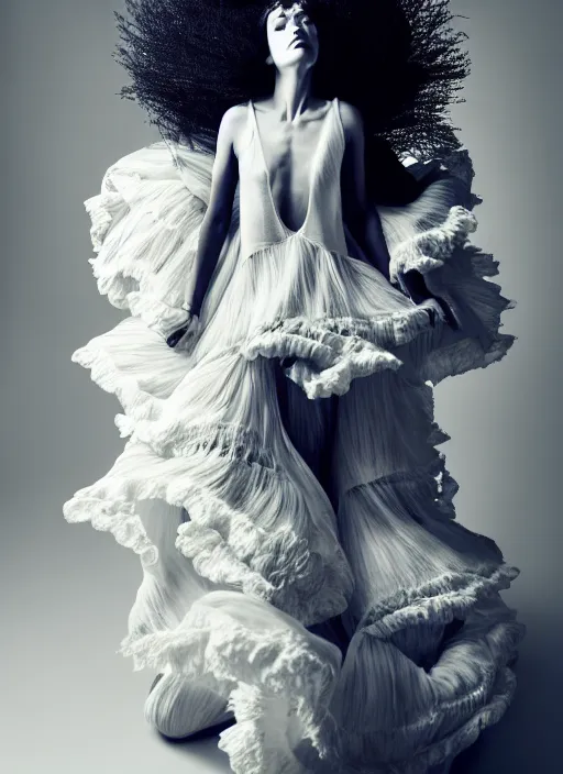 Image similar to a full body portrait of a woman by justin ridler wearing an intricate billowing dress, face in the style of irakli nadar