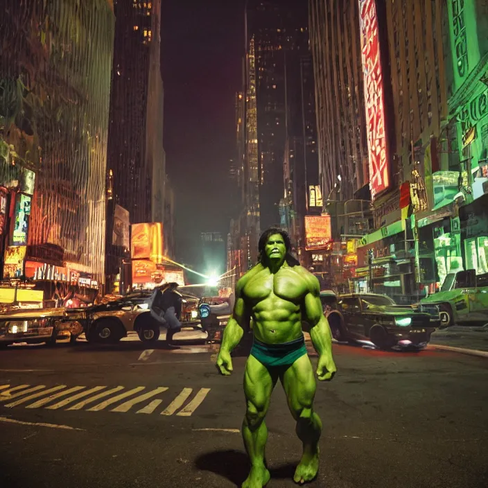 Image similar to a color photo portrait of the incredible hulk looking angry in new york city by gregory crewdson dramatic lighting.