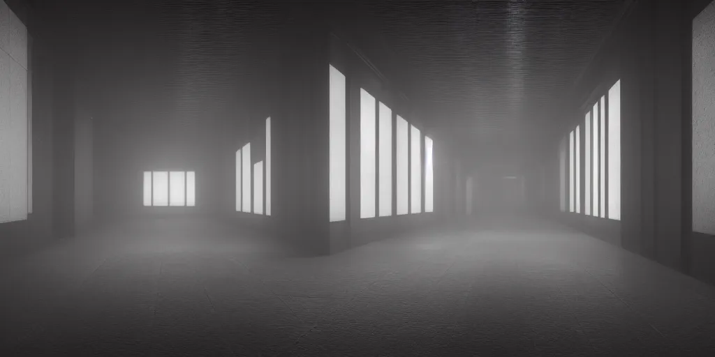 Prompt: a long angle shot of a big dark room with white lights on the celling and a long hallway at the end of the room with red lights on the celling, highly detailed, unreal engine, 4 k, dark, moody, foggy, game render, hyper realistic, ray tracing, path tracing, realistic lightning, black, gray