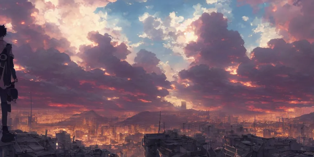 Image similar to anime character in front of an apocalyptic city and the clouds are burning, hyperrealistic, trending on pixiv fanbox, painted by greg rutkowski makoto shinkai takashi takeuchi studio ghibli, akihiko yoshida