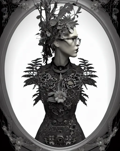 Prompt: monochrome 3 d model, 1 9 1 0 picture, silver mesh floral steampunk biomechanical beautiful young female cyborg with porcelain profile face and a techno eye, volumetric light, leaves foliage and stems, hibiscus flowers, sinuous fine roots, fine foliage lace, alexander mcqueen, rim light, big gothic fashion pearl embroidered collar, octane render, 8 k