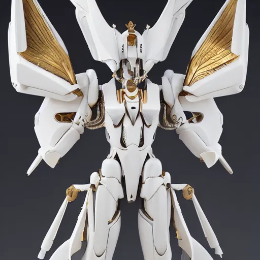 Prompt: futuristic papal mecha, ivory gundam, carved white marble mechanical exoskeleton wearing hardsurface armour, inlaid with gold, ivory rococo, wings lace wear, sculpted by spider zero, zaha hadid, trending on artstation, beautifully lit, hyper detailed, insane details, intricate