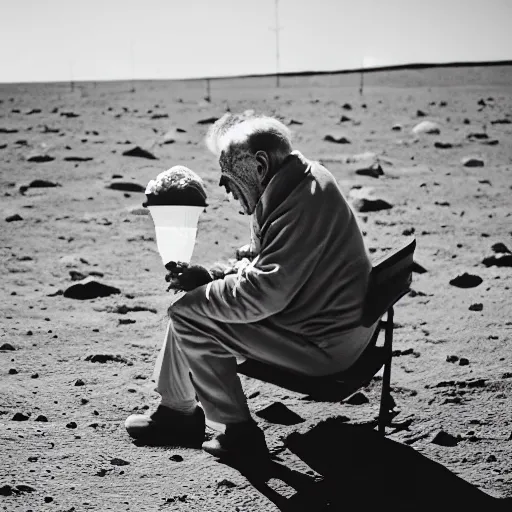 Prompt: an elderly man on the surface of the moon, 🌕, 🍦, eating ice cream, tourist, canon eos r 3, f / 1. 4, iso 2 0 0, 1 / 1 6 0 s, 8 k, raw, unedited, symmetrical balance, wide angle